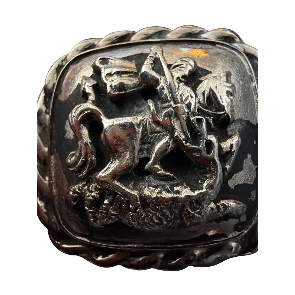 Vintage Saint George Slaying Dragon Cufflinks Silver Tone Heraldic Knight Square